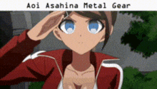 a girl in a red jacket is saluting in a pixel art .