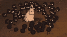 a cartoon drawing of a hamster surrounded by a bunch of small animals