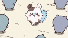 a cartoon drawing of a hamster with a blue ball in its mouth
