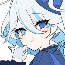a drawing of a girl with white hair and blue eyes is smiling