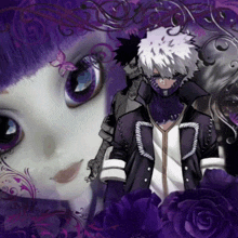 a picture of a man and a woman with purple roses in the background
