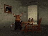 two stuffed animals are walking down a hallway
