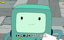 a cartoon character is holding a piece of paper and says oh football