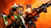 a robot with a green glowing center is holding a gun