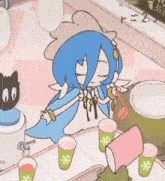 a cartoon character with blue hair is sitting at a table with cups and a black cat .