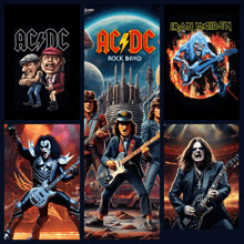 a collage of ac/dc iron maiden and kiss posters