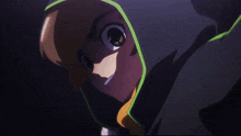 a close up of a cartoon character with a hood on