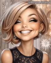 a cartoon drawing of a woman smiling with the name @morgana.fantasy.ai on the bottom