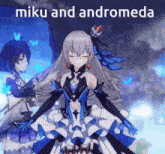 a miku and andromeda anime character with a blue dress