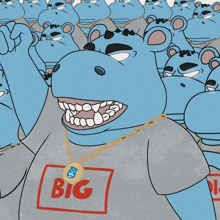 a cartoon hippo wearing a shirt that says hoood