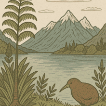 a drawing of a kiwi bird in front of a lake with mountains in the background