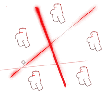 a red and white drawing of a cross with arrows pointing in opposite directions on a dark background