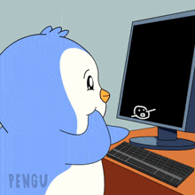 a cartoon of a penguin looking at a computer screen that says pengu on the bottom