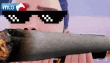 a person wearing sunglasses is holding a huge cigarette in their mouth
