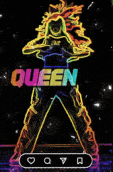 a neon sign that says queen with a woman in the background