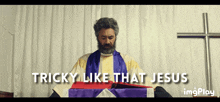 a man with a beard is holding a book that says tricky like that jesus on it