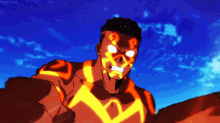 a drawing of a man with glowing eyes and a blue sky in the background