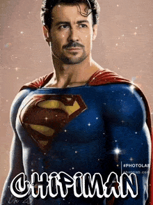 a man in a superman costume has the name chipman on the bottom