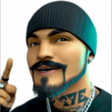 a man with a beard wearing a beanie and a tattoo that says eye
