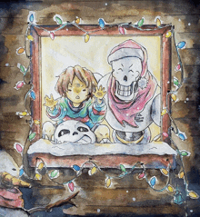 a painting of a child and a skeleton with christmas lights behind them