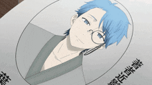 a picture of a boy with blue hair and glasses is on a piece of paper