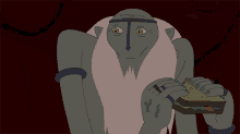 a cartoon character with a beard is eating a sandwich with the letter y on his arm