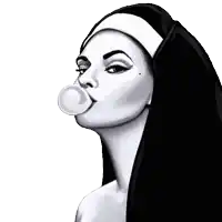 a nun blowing a bubble of bubble gum in a black and white photo