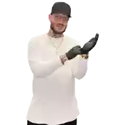a man wearing a white shirt and black gloves