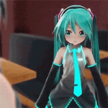 hatsune miku is wearing headphones and a blue tie while standing in front of a table .