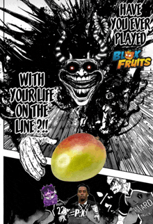 an advertisement for blox fruits shows a monster and a man