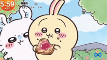 a cartoon rabbit is eating a piece of toast with jelly on it .