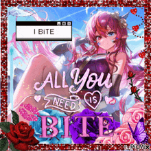 a picture of a girl with the words " all you need is bite " on it