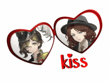 two hearts with the word kiss on it