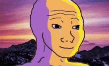 a cartoon of a man with a purple head and a yellow face