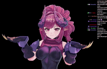 a girl with purple hair and purple armor is standing in front of a black screen