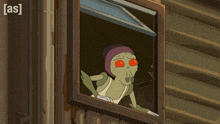 a cartoon of a man and a woman looking out of a window with the letters a and s on the bottom
