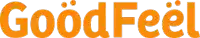 a close up of the word good feel in orange on a white background