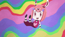 a cartoon character with a triangle on her head is sitting on a colorful background