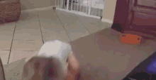 a little girl is dancing in a living room while wearing a diaper and pink socks .