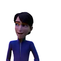 a cartoon character with blue eyes and a blue jacket