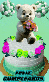 a teddy bear is holding a bouquet of flowers on top of a cake that says " feliz cumpleanos "