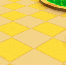 a girl with a pink headband stands on a yellow tile floor