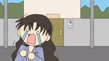 a cartoon of a woman crying in front of a building with chinese characters on it