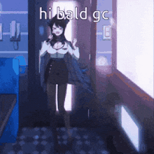 a girl with horns is standing in a dark room with the words hi bald gc written on the bottom