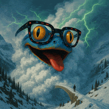 a frog with glasses is flying through the air