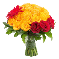 a bouquet of yellow and red roses with a red flower in the middle