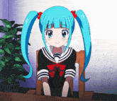 a girl with blue hair and red cherries in her hair is sitting at a table