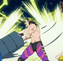 a man with green hair is holding a barrel in his hands