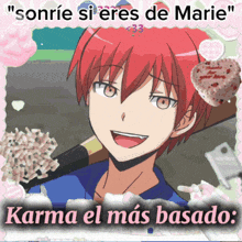 a picture of a red haired anime character with the words " sonrie si eres de marie "