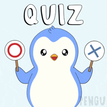 a penguin is holding a sign that says quiz on it